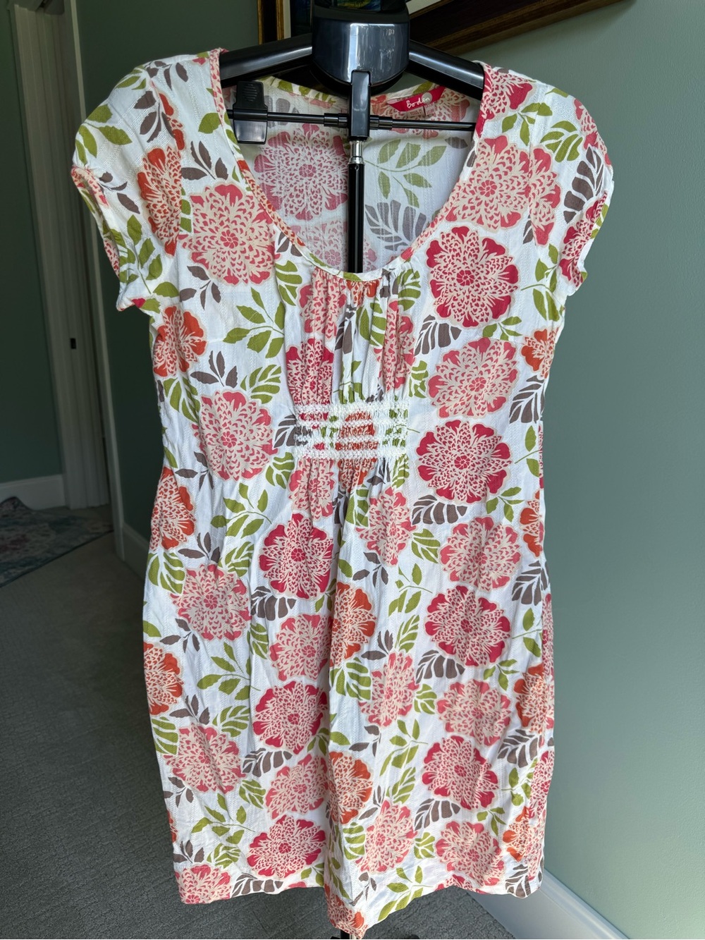 Boden Floral Cap Sleeve Empire Waist Dress White Pink Green Size US 8R